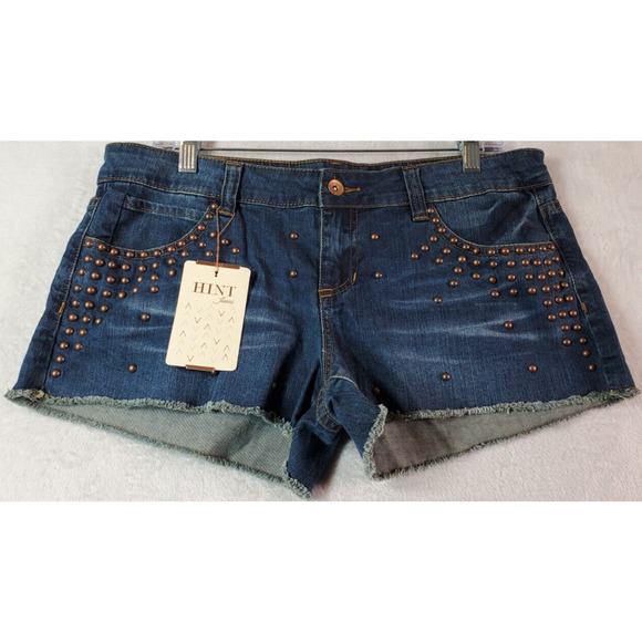 HINT Studded Shorts Womens Size 30‎ Blue Denim Cotton Pockets Flat Front Beaded - Picture 1 of 8